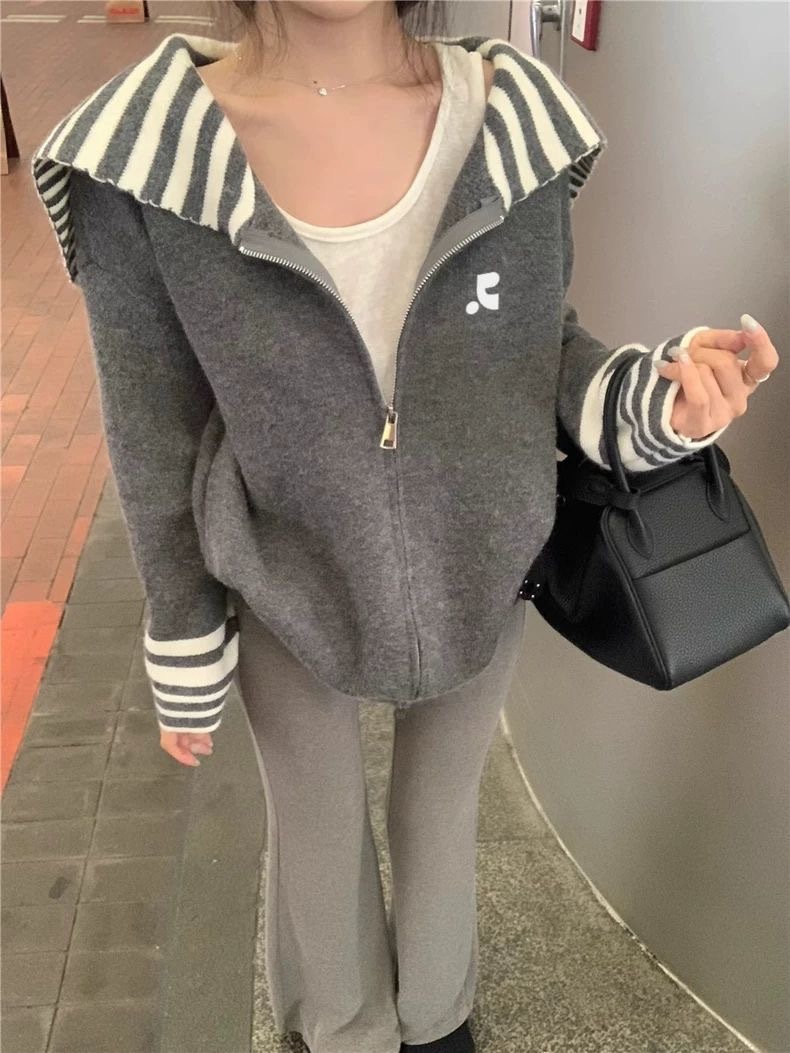 韓系撞色條紋針織開衫 | 女海軍領慵懶設計感小眾寬鬆外套
