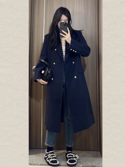 秋冬新款藍色西裝呢子大衣 | 高級感韓系小個子加厚毛呢外套