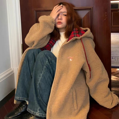聖誕羊羔毛拼格子外套 | 春季新款連帽拉鍊寬鬆加厚開衫