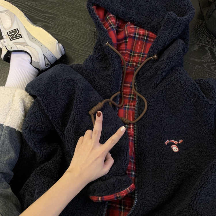 聖誕羊羔毛拼格子外套 | 春季新款連帽拉鍊寬鬆加厚開衫