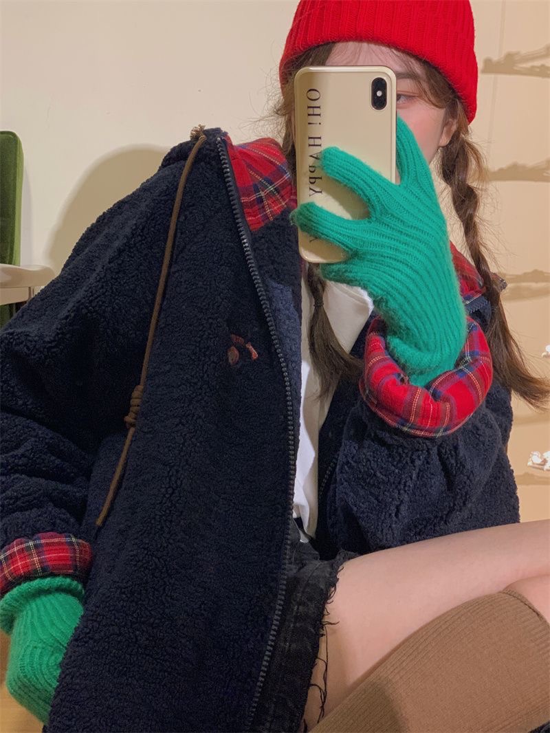 聖誕羊羔毛拼格子外套 | 春季新款連帽拉鍊寬鬆加厚開衫