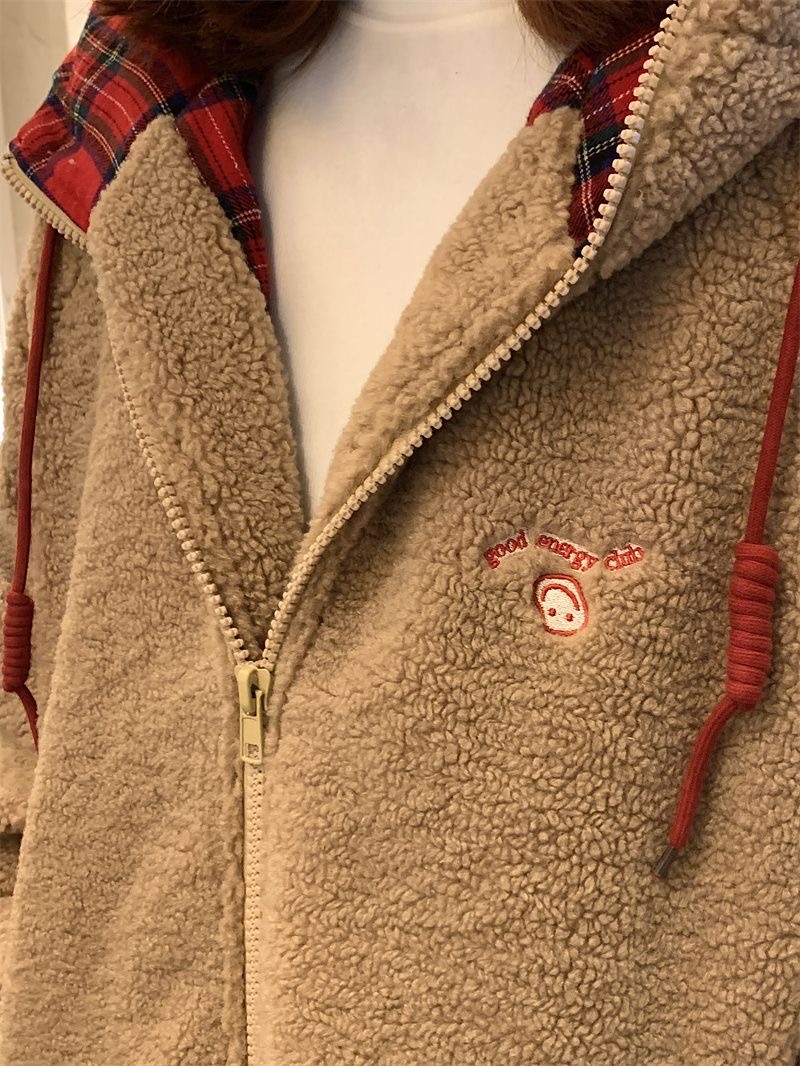 聖誕羊羔毛拼格子外套 | 春季新款連帽拉鍊寬鬆加厚開衫