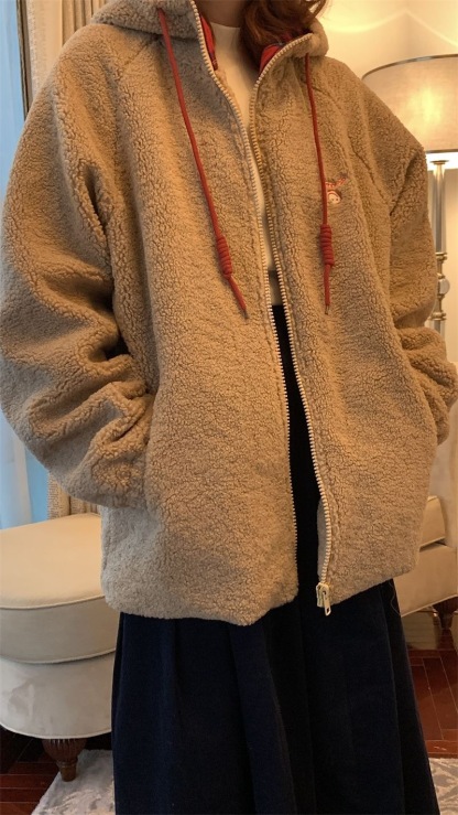 聖誕羊羔毛拼格子外套 | 春季新款連帽拉鍊寬鬆加厚開衫