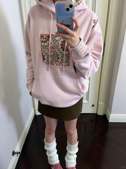 春季通勤重工貼布刺繡連帽衛衣 | 韓版寬鬆百搭外套上衣