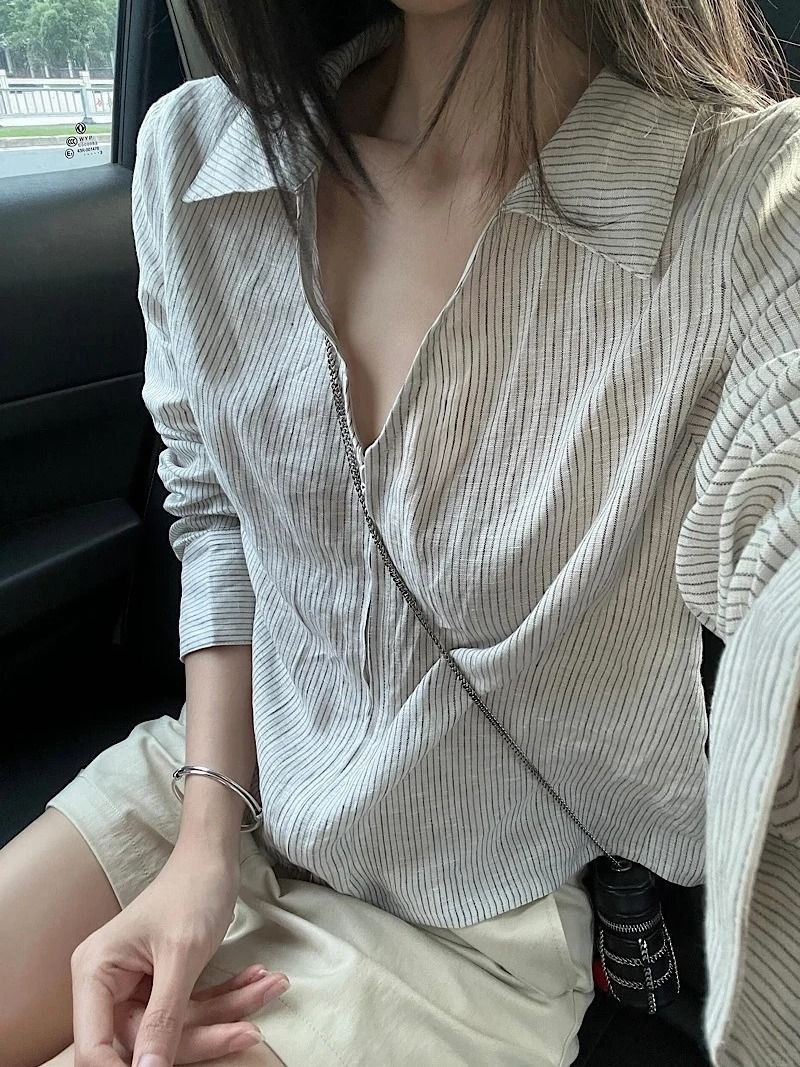 早秋新款寬鬆休閒襯衫 | 拉鍊條紋翻領通勤上衣