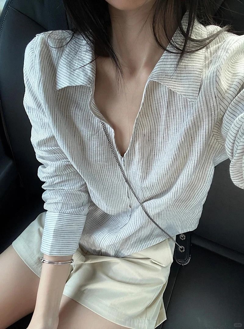 早秋新款寬鬆休閒襯衫 | 拉鍊條紋翻領通勤上衣