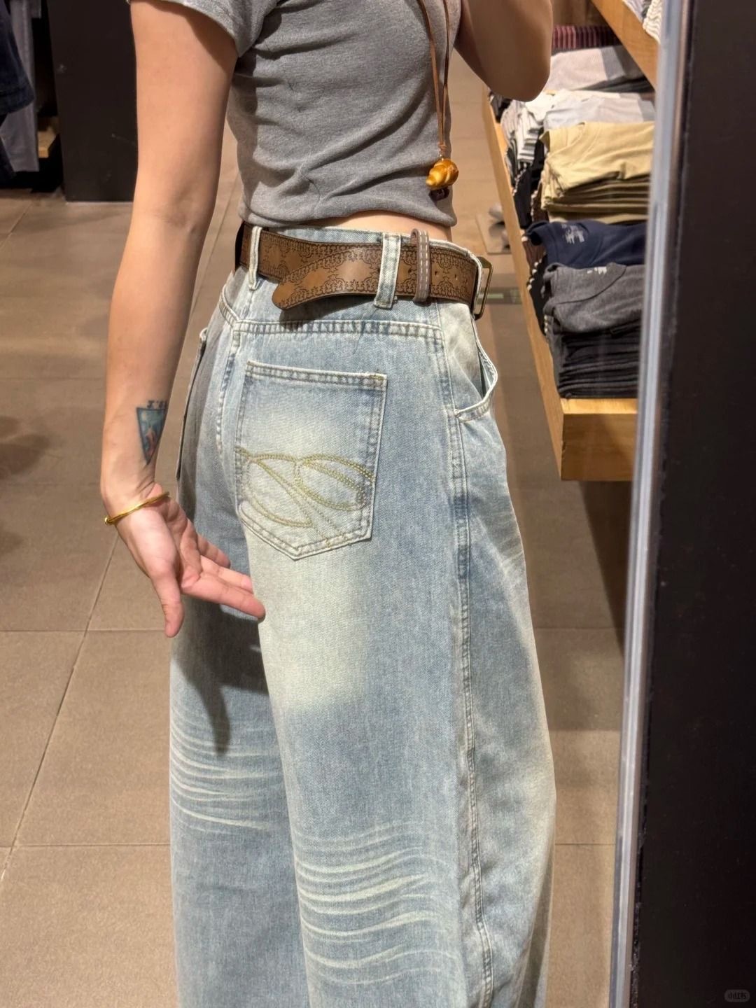 秋季新款寬鬆拖地牛仔褲 | 美式復古口袋刺繡水洗闊腿褲