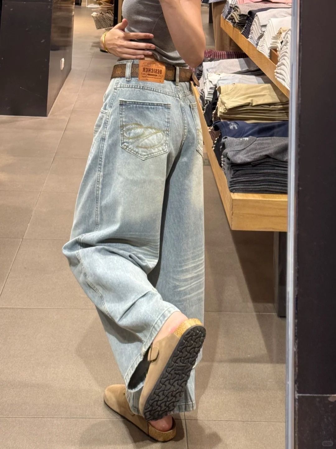 秋季新款寬鬆拖地牛仔褲 | 美式復古口袋刺繡水洗闊腿褲