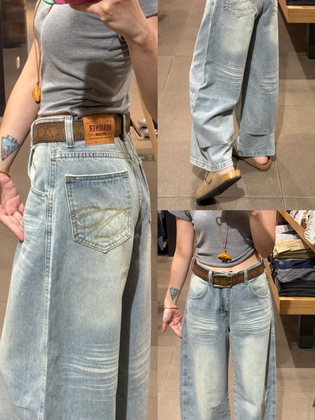 秋季新款寬鬆拖地牛仔褲 | 美式復古口袋刺繡水洗闊腿褲