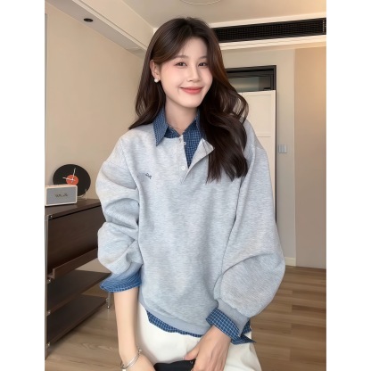 秋季新款假兩件格子拼接衛衣 | 女裝 POLO 領小眾時尚寬鬆顯瘦上衣