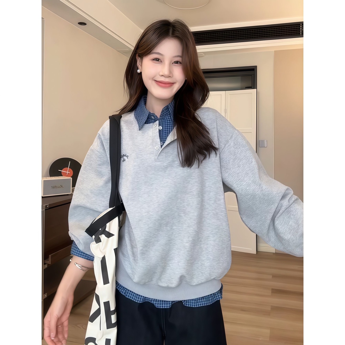 秋季新款假兩件格子拼接衛衣 | 女裝 POLO 領小眾時尚寬鬆顯瘦上衣