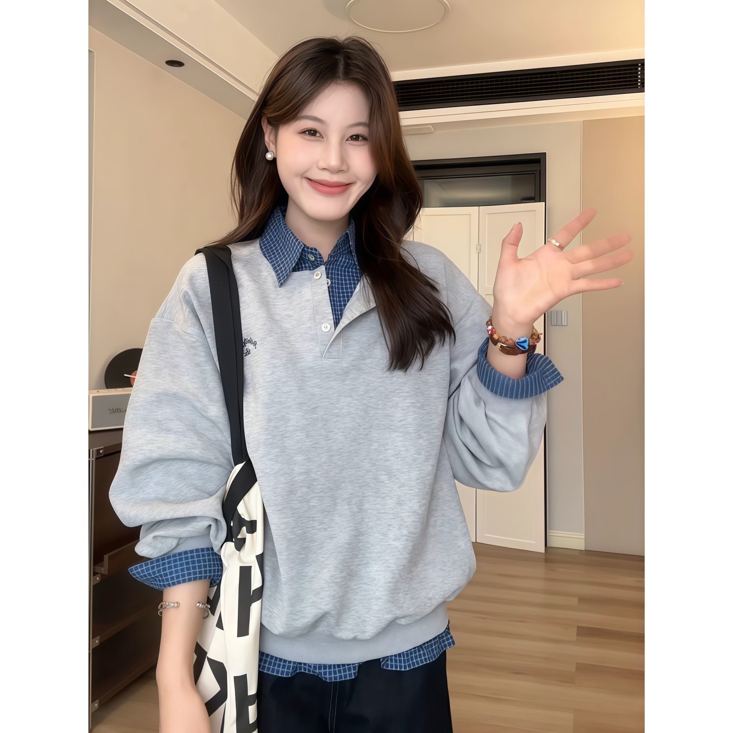 秋季新款假兩件格子拼接衛衣 | 女裝 POLO 領小眾時尚寬鬆顯瘦上衣