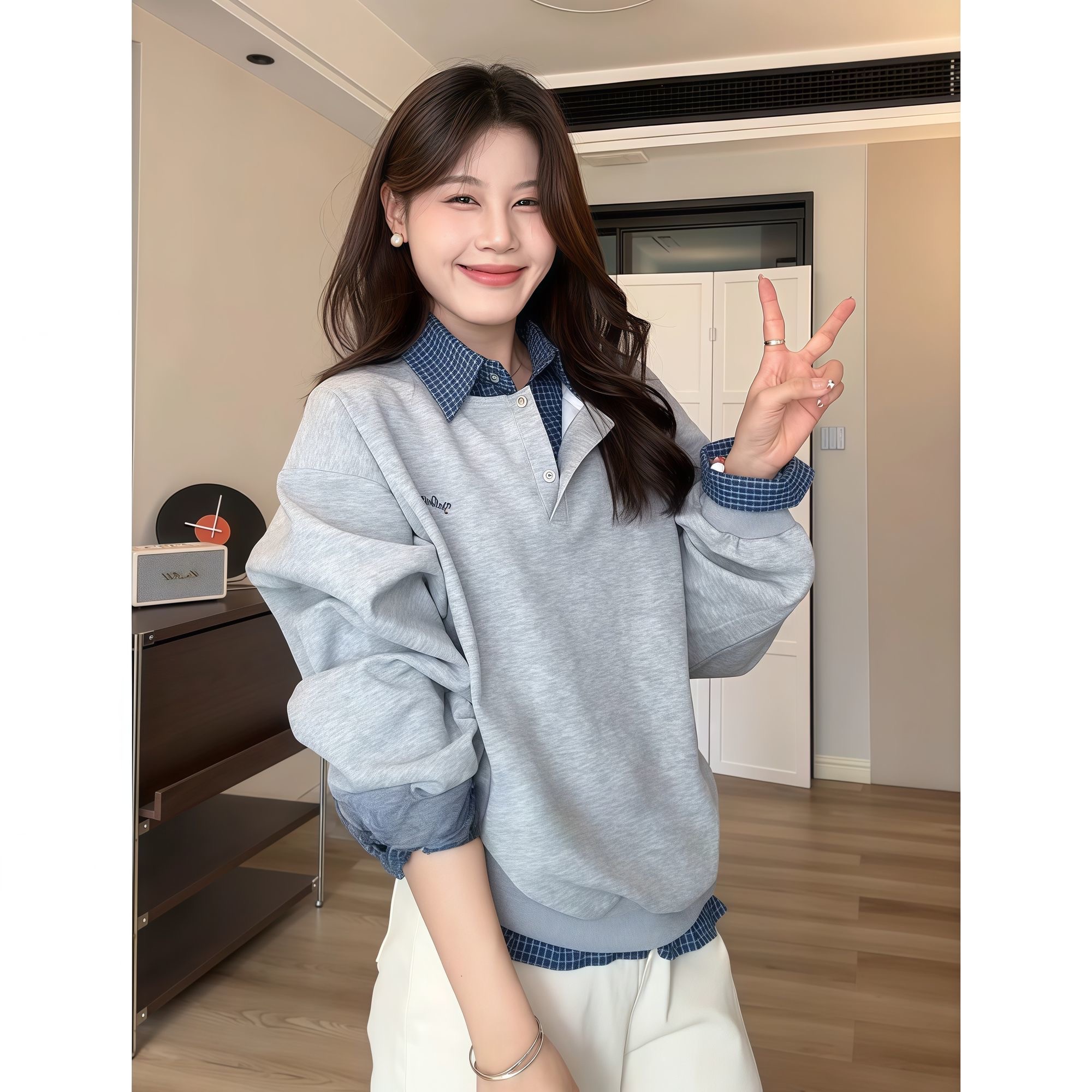 秋季新款假兩件格子拼接衛衣 | 女裝 POLO 領小眾時尚寬鬆顯瘦上衣