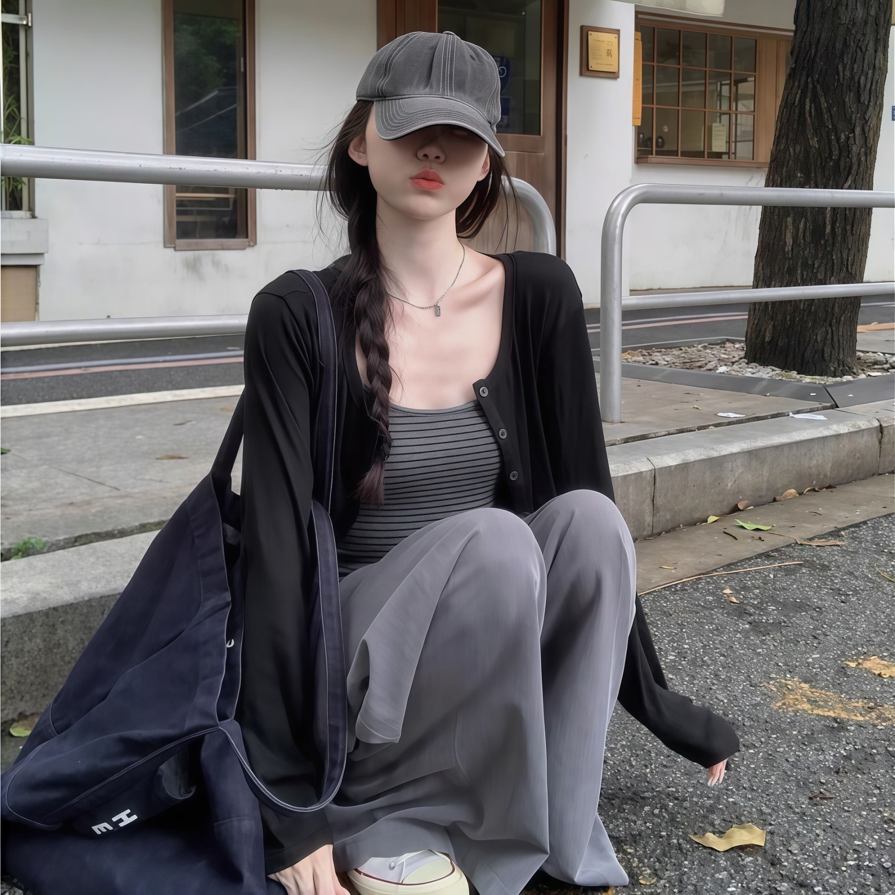 秋季修身條紋吊帶套裝 | 黑色慵懶復古長袖開衫外套兩件套