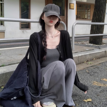 秋季修身條紋吊帶套裝 | 黑色慵懶復古長袖開衫外套兩件套