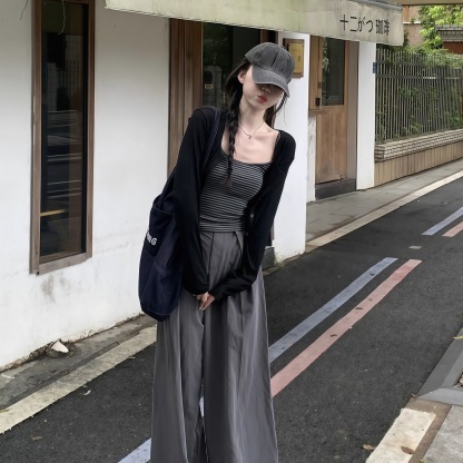 秋季修身條紋吊帶套裝 | 黑色慵懶復古長袖開衫外套兩件套