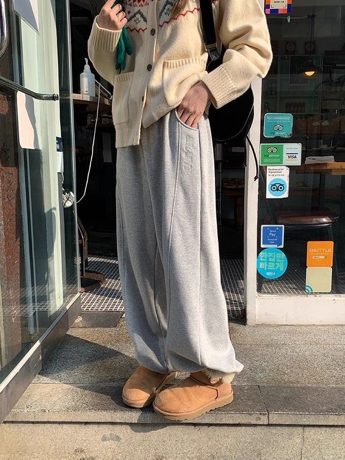 秋冬新款抽繩繡花衛褲 | 運動休閒寬鬆加絨保暖百搭褲子【S、M缺貨中】