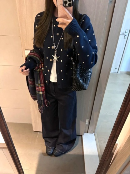 韓系復古提花波點毛衣 | 秋季新款寬鬆針織開衫外套