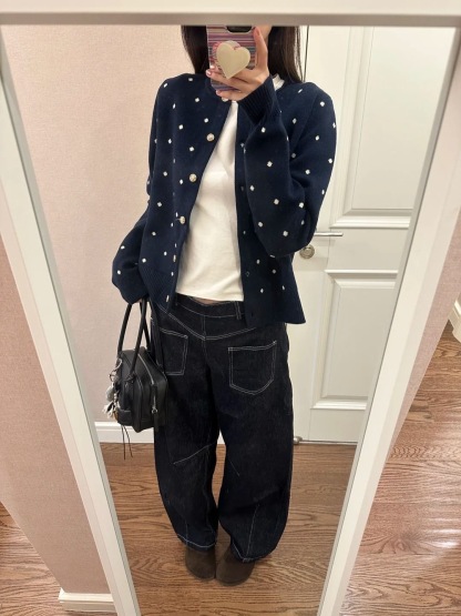 韓系復古提花波點毛衣 | 秋季新款寬鬆針織開衫外套