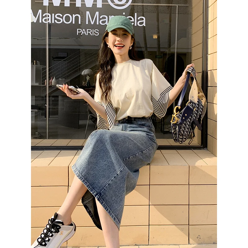 春夏季小眾別致上衣 | 女裝韓版設計感條紋拼接寬鬆 T 恤