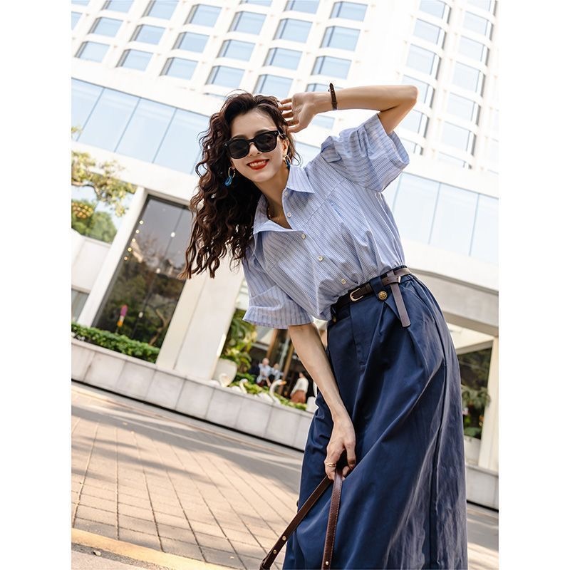 設計感藍色兩件套女 | 夏季新款法式通勤襯衫半身裙套裝潮