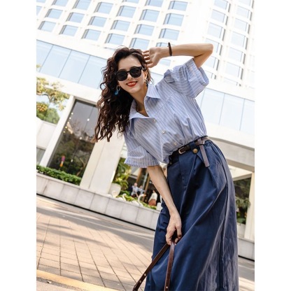 設計感藍色兩件套女 | 夏季新款法式通勤襯衫半身裙套裝潮