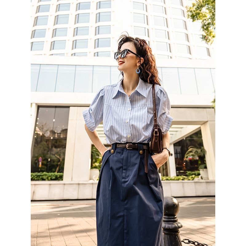 設計感藍色兩件套女 | 夏季新款法式通勤襯衫半身裙套裝潮