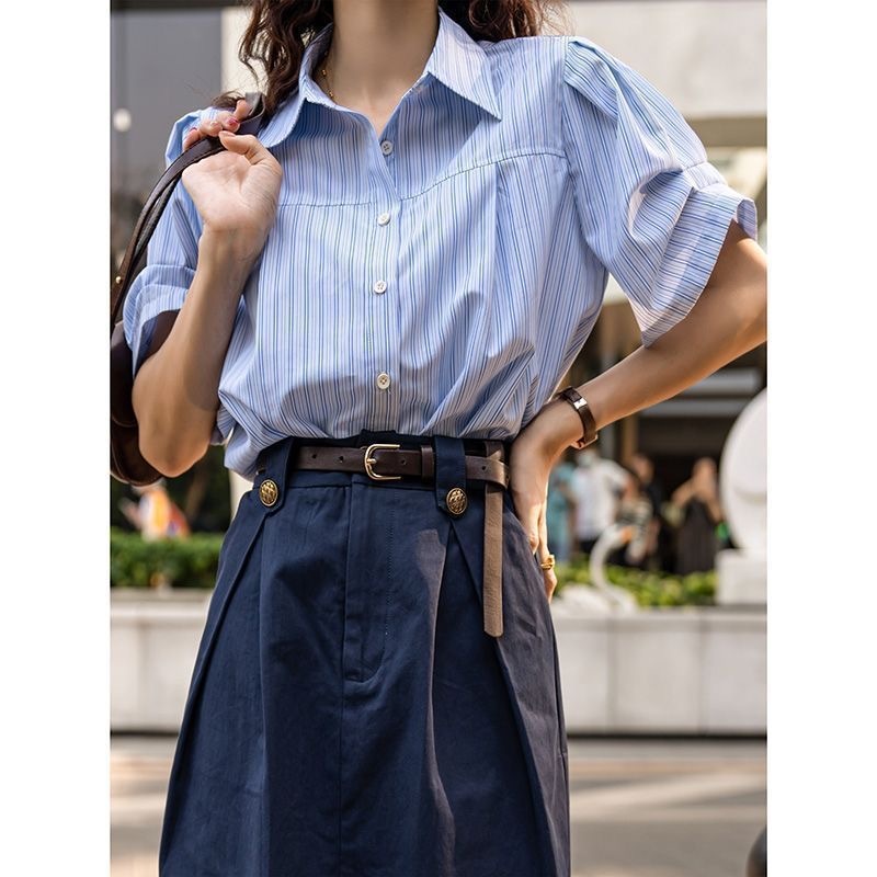 設計感藍色兩件套女 | 夏季新款法式通勤襯衫半身裙套裝潮