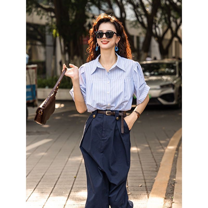 設計感藍色兩件套女 | 夏季新款法式通勤襯衫半身裙套裝潮