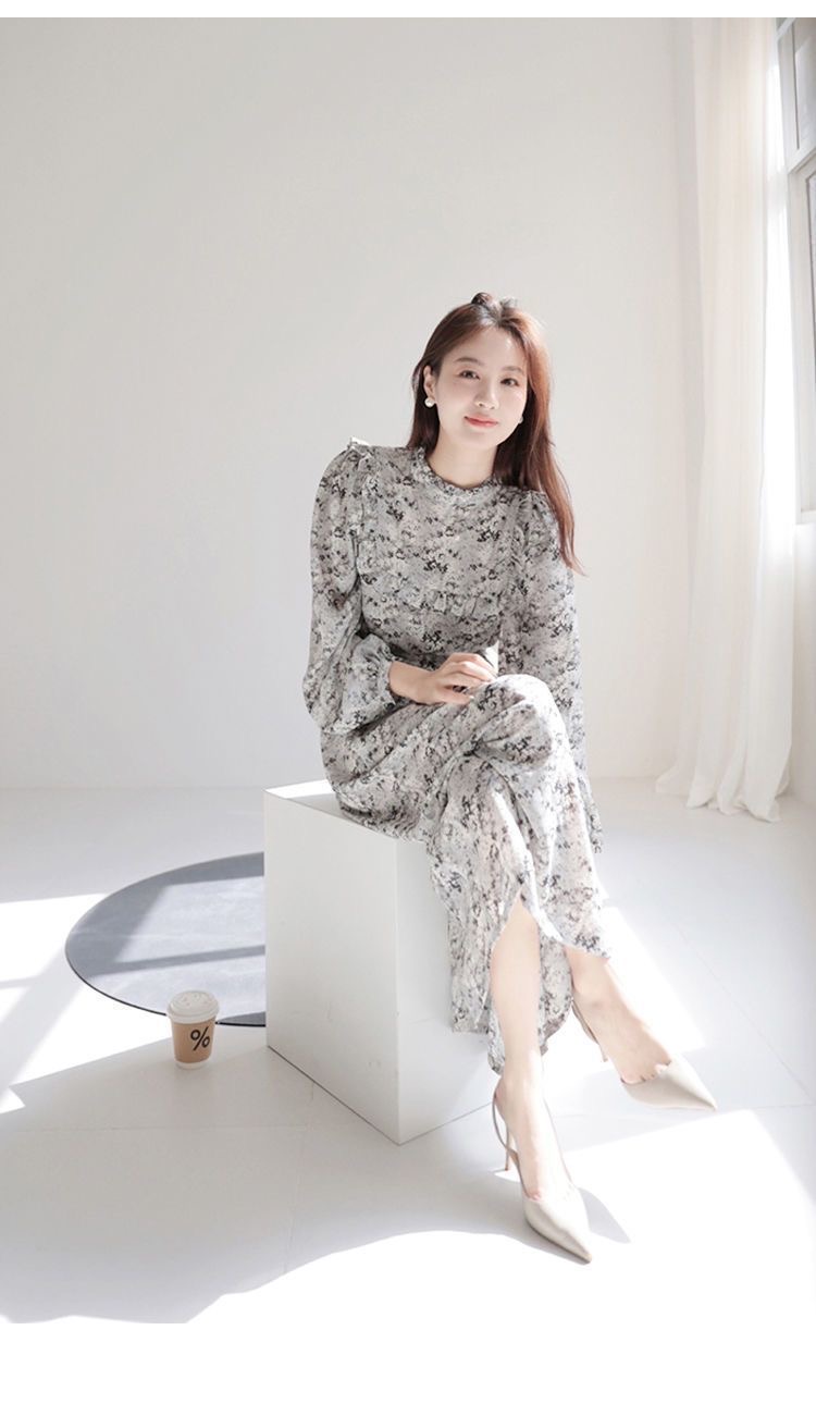 秋季新款木耳泡泡袖連身裙 | 洋氣水墨塗鴉長袖氣質長裙
