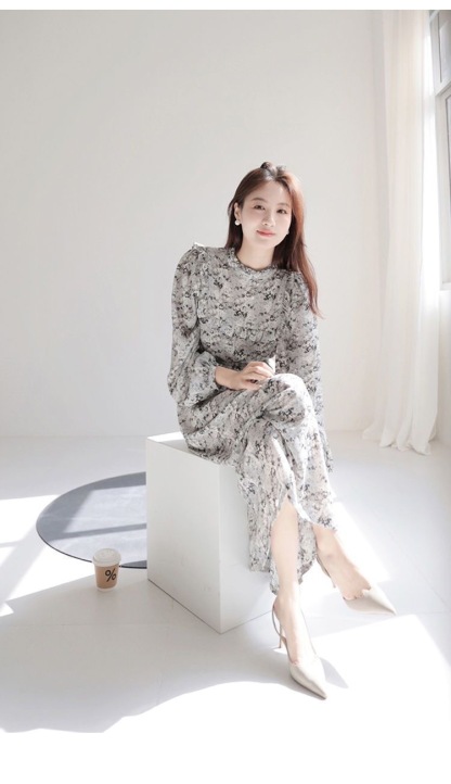 秋季新款木耳泡泡袖連身裙 | 洋氣水墨塗鴉長袖氣質長裙