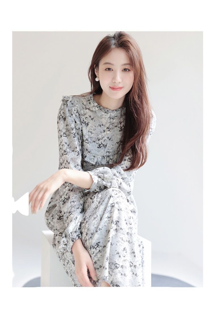 秋季新款木耳泡泡袖連身裙 | 洋氣水墨塗鴉長袖氣質長裙