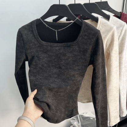 秋冬德絨發熱打底衫 | 方領修身扎染加絨內搭 T 恤 | 显瘦保暖長袖上衣