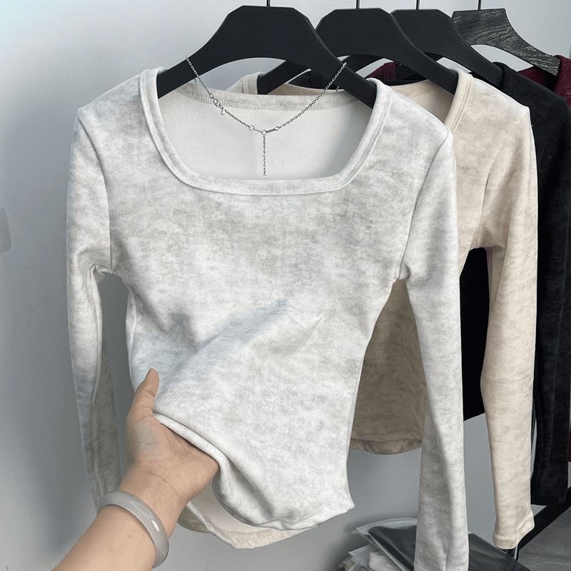 秋冬德絨發熱打底衫 | 方領修身扎染加絨內搭 T 恤 | 显瘦保暖長袖上衣