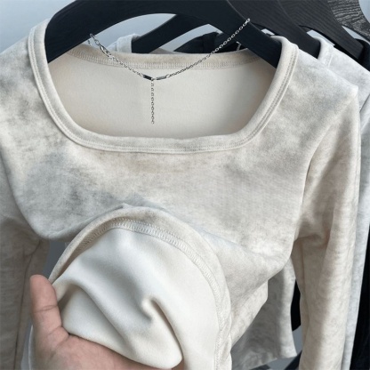 秋冬德絨發熱打底衫 | 方領修身扎染加絨內搭 T 恤 | 显瘦保暖長袖上衣