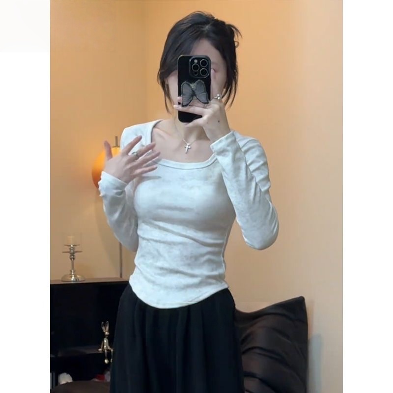 秋冬德絨發熱打底衫 | 方領修身扎染加絨內搭 T 恤 | 显瘦保暖長袖上衣