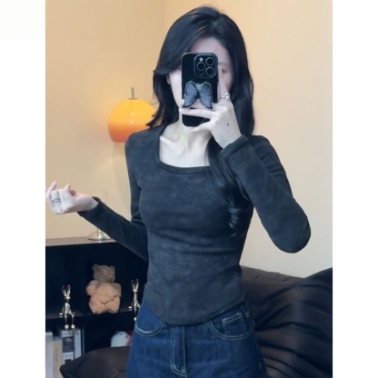 秋冬德絨發熱打底衫 | 方領修身扎染加絨內搭 T 恤 | 显瘦保暖長袖上衣