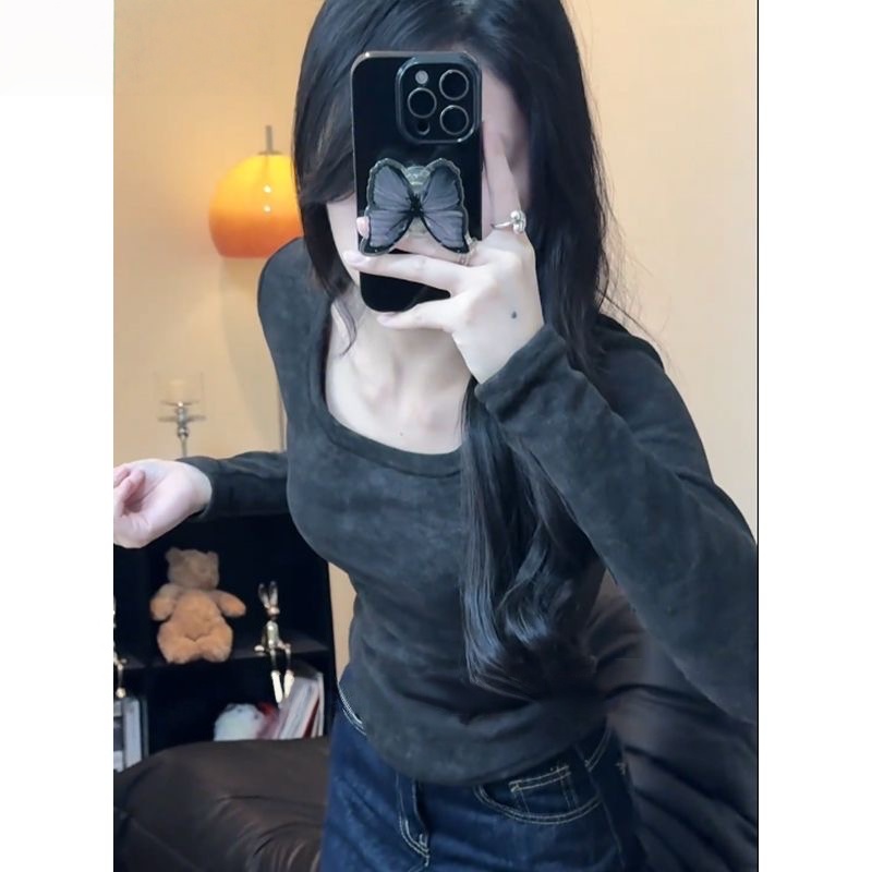 秋冬德絨發熱打底衫 | 方領修身扎染加絨內搭 T 恤 | 显瘦保暖長袖上衣