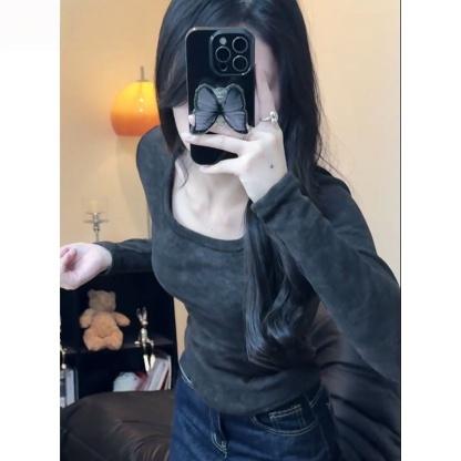 秋冬德絨發熱打底衫 | 方領修身扎染加絨內搭 T 恤 | 显瘦保暖長袖上衣