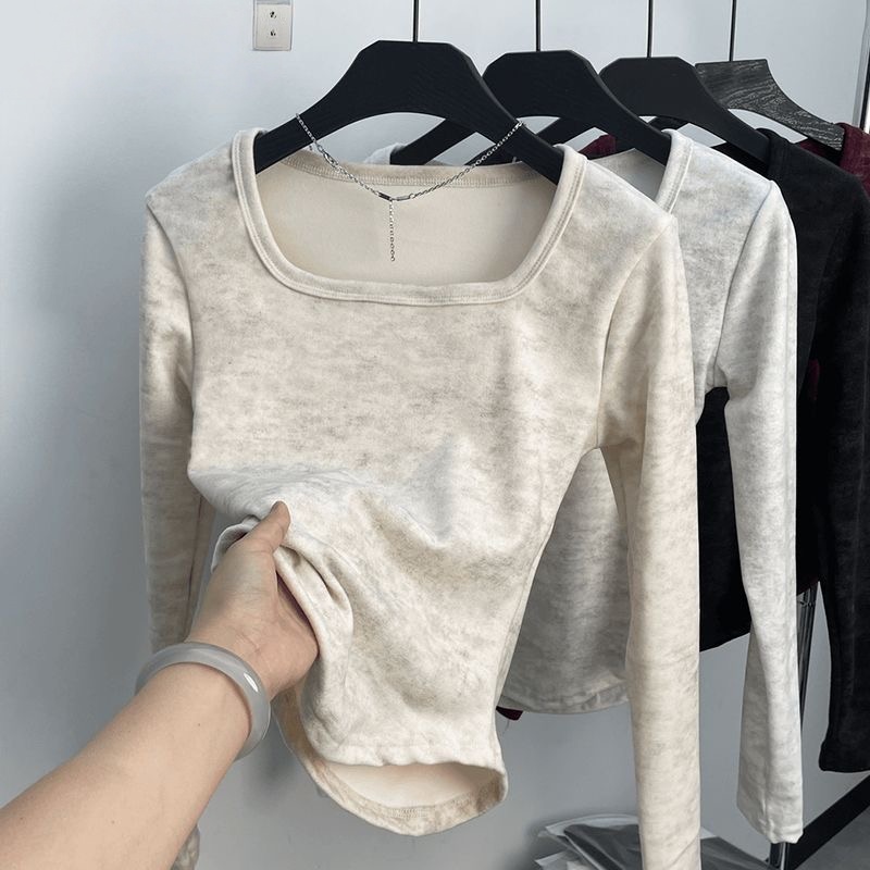 秋冬德絨發熱打底衫 | 方領修身扎染加絨內搭 T 恤 | 显瘦保暖長袖上衣