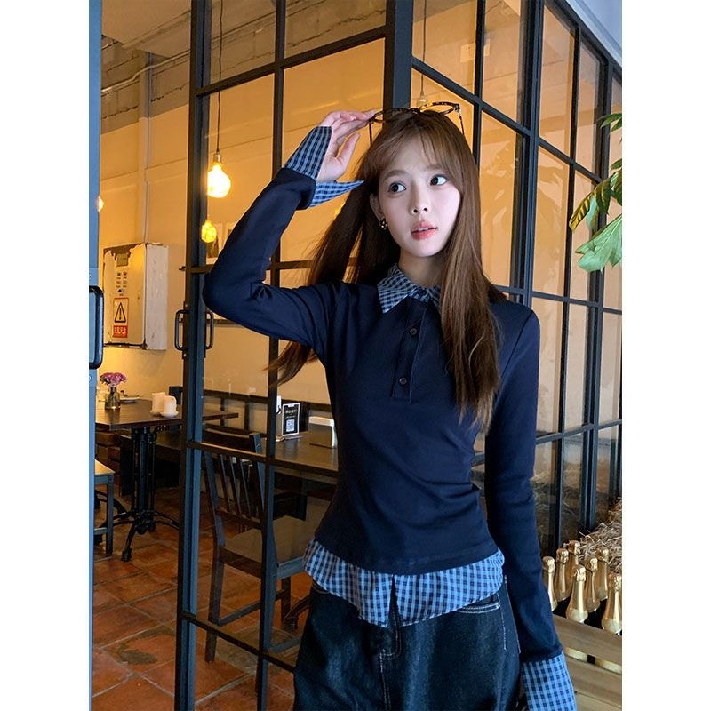 春季學院風 Polo 領假兩件 | 修身長袖 T 恤 | 百搭內搭打底衫上衣