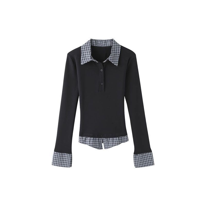 春季學院風 Polo 領假兩件 | 修身長袖 T 恤 | 百搭內搭打底衫上衣