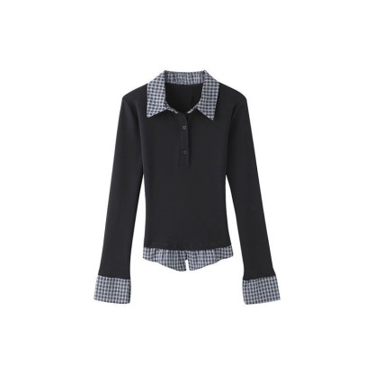 春季學院風 Polo 領假兩件 | 修身長袖 T 恤 | 百搭內搭打底衫上衣