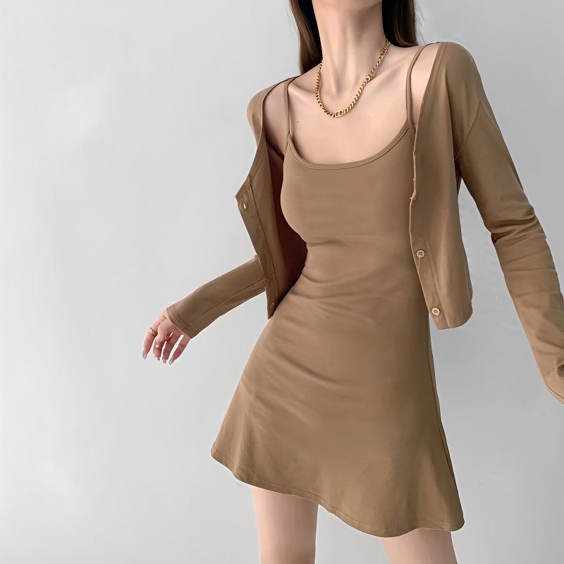 春秋氣質兩件組 | 修身短款魚尾吊帶連身裙 | 長袖針織坎肩開衫外搭【深灰色、淺灰色 努力補貨中】