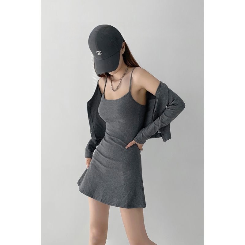 春秋氣質兩件組 | 修身短款魚尾吊帶連身裙 | 長袖針織坎肩開衫外搭【深灰色、淺灰色 努力補貨中】