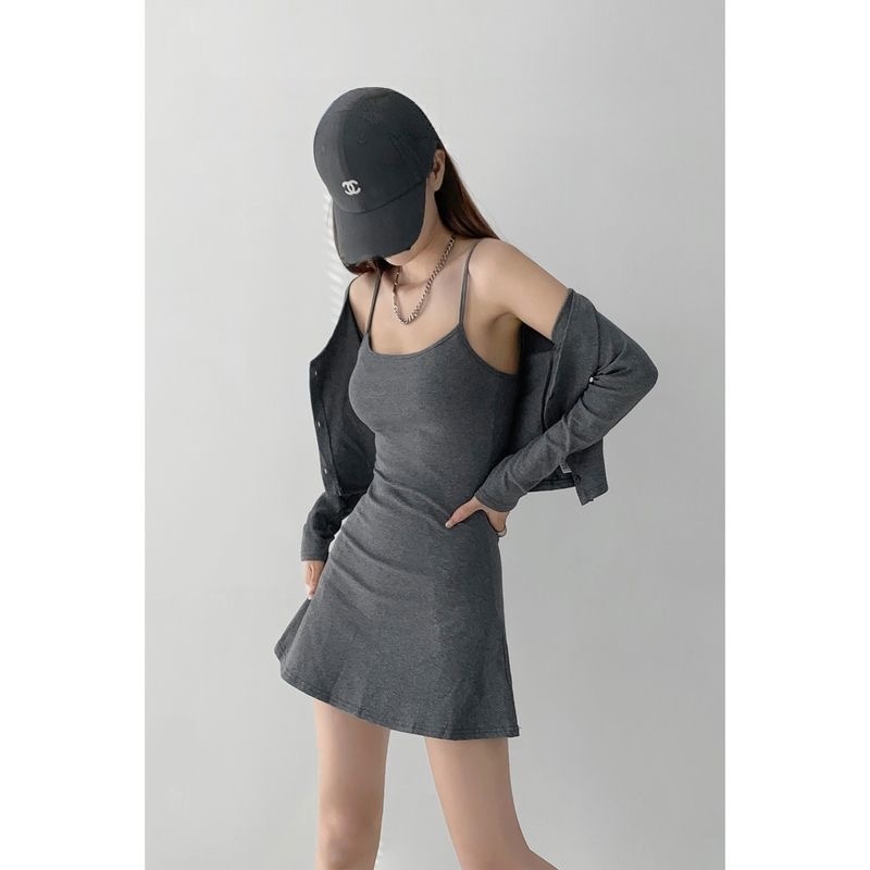 春秋氣質兩件組 | 修身短款魚尾吊帶連身裙 | 長袖針織坎肩開衫外搭【深灰色、淺灰色 努力補貨中】