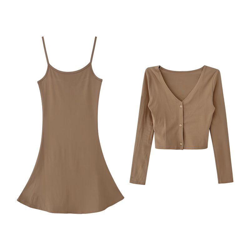 春秋氣質兩件組 | 修身短款魚尾吊帶連身裙 | 長袖針織坎肩開衫外搭【深灰色、淺灰色 努力補貨中】