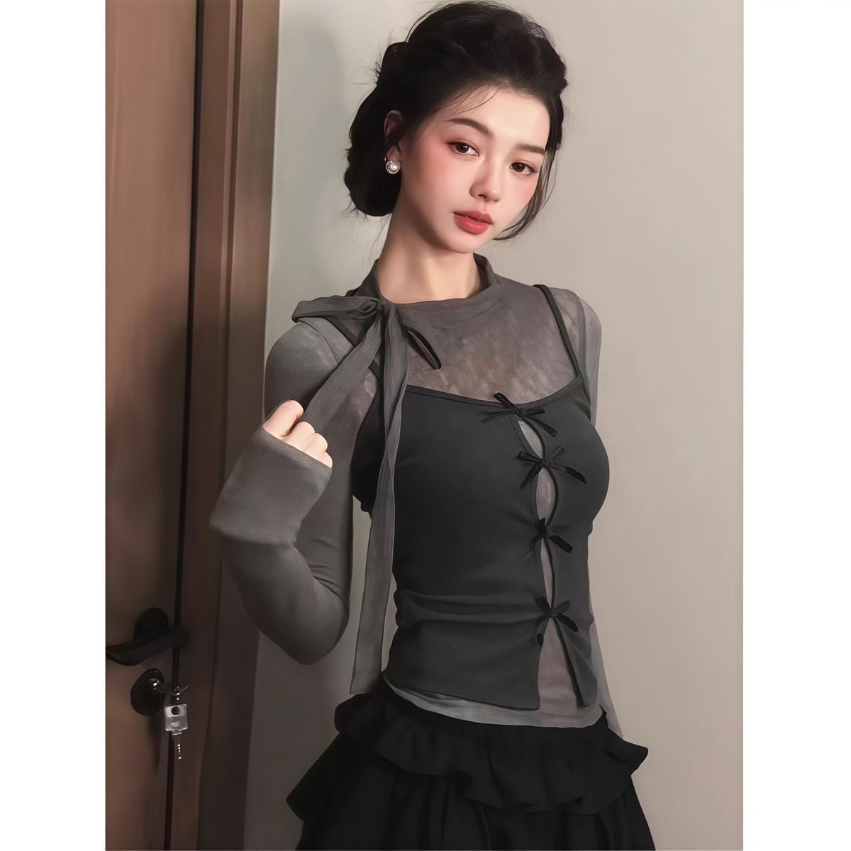 秋冬成套穿搭神器 | 韓系蝴蝶結綁帶 T 恤 | 修身顯瘦小眾短款兩件組