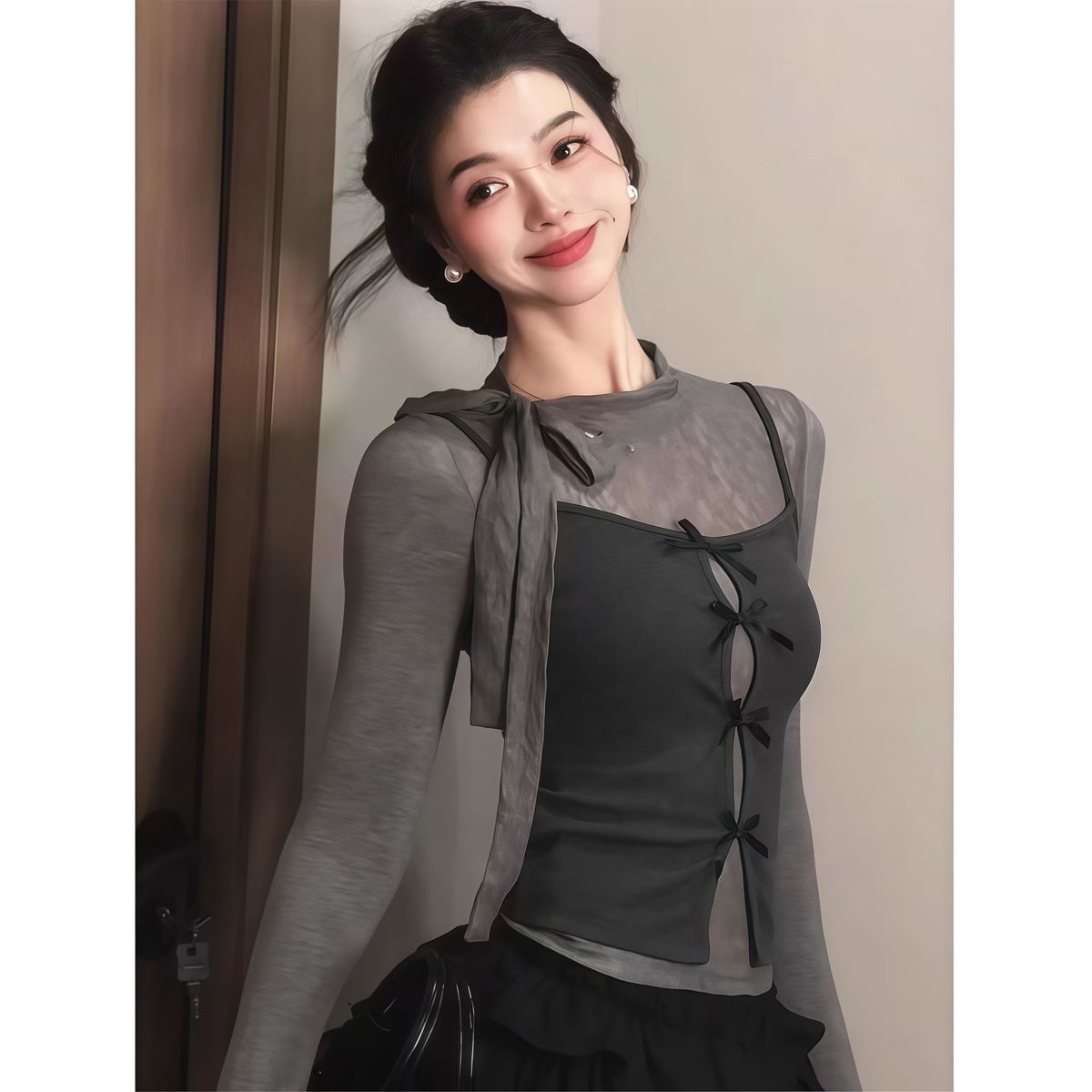 秋冬成套穿搭神器 | 韓系蝴蝶結綁帶 T 恤 | 修身顯瘦小眾短款兩件組