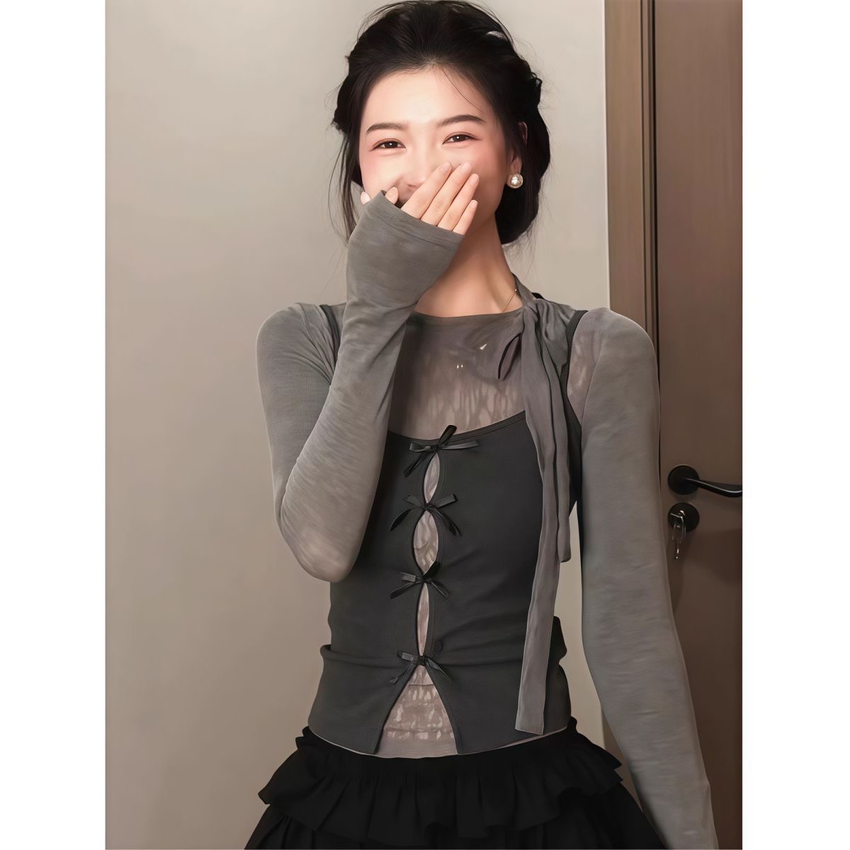 秋冬成套穿搭神器 | 韓系蝴蝶結綁帶 T 恤 | 修身顯瘦小眾短款兩件組